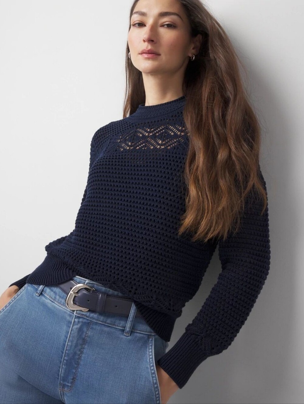 White House Black Market Officer Blue Mixed Stitch Mock Neck Sweater